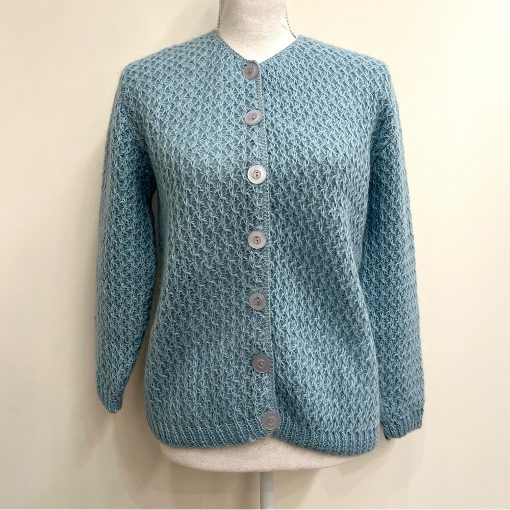 Vintage 50’s "Maineliner" pastel blue mohair-blend cardigan sweater open knit